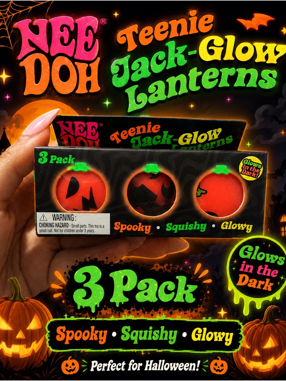 Teenie Jack-Glow Lanterns 3-Pack - Glow in the Dark Orange Pumpkins